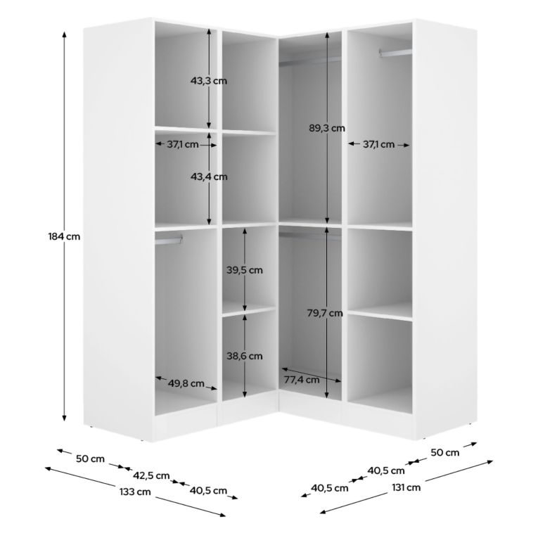 Guardaroba Grande Bianco 8 Ripiani Appendiabiti 131x184h cm, Cassetti - Woodbury