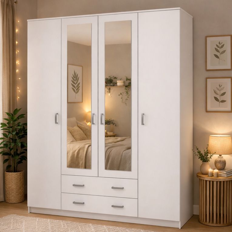Guardaroba Grande Bianco 9 Ripiani Appendiabiti 160x205h cm, Apertura Battente e Scorrevole - Miazzina
