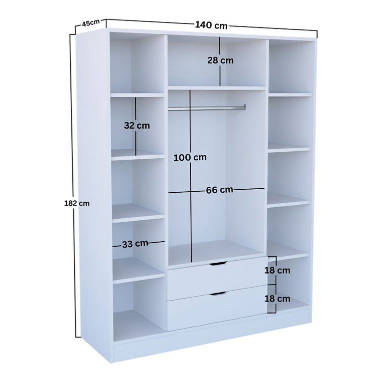 Guardaroba Grande Bianco Appendiabiti 9 Ripiani 140x182h cm, 2 Cassetti - Paterno