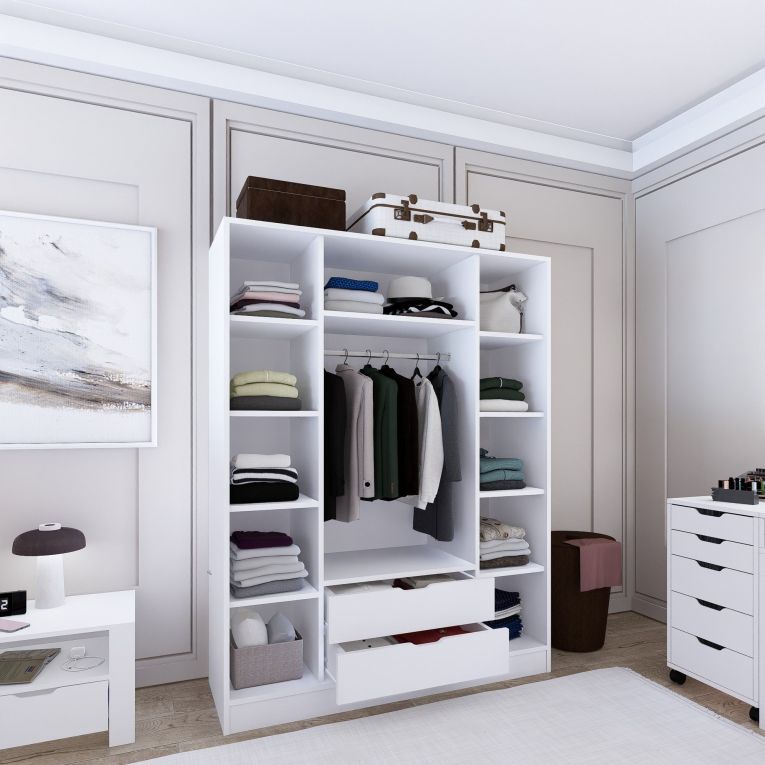 Guardaroba Grande Bianco Appendiabiti 9 Ripiani 140x182h cm, 2 Cassetti - Paterno