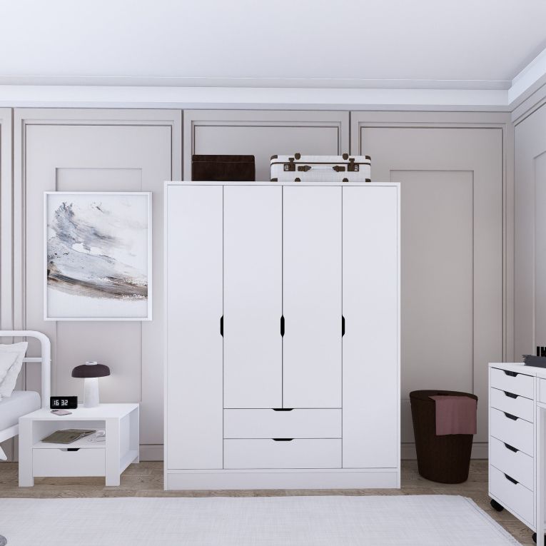 Guardaroba Grande Bianco Appendiabiti 9 Ripiani 140x182h cm, 2 Cassetti - Paterno