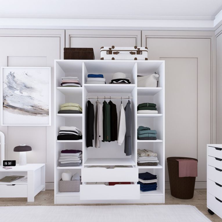 Guardaroba Grande Bianco Appendiabiti 9 Ripiani 140x182h cm, 2 Cassetti - Paterno