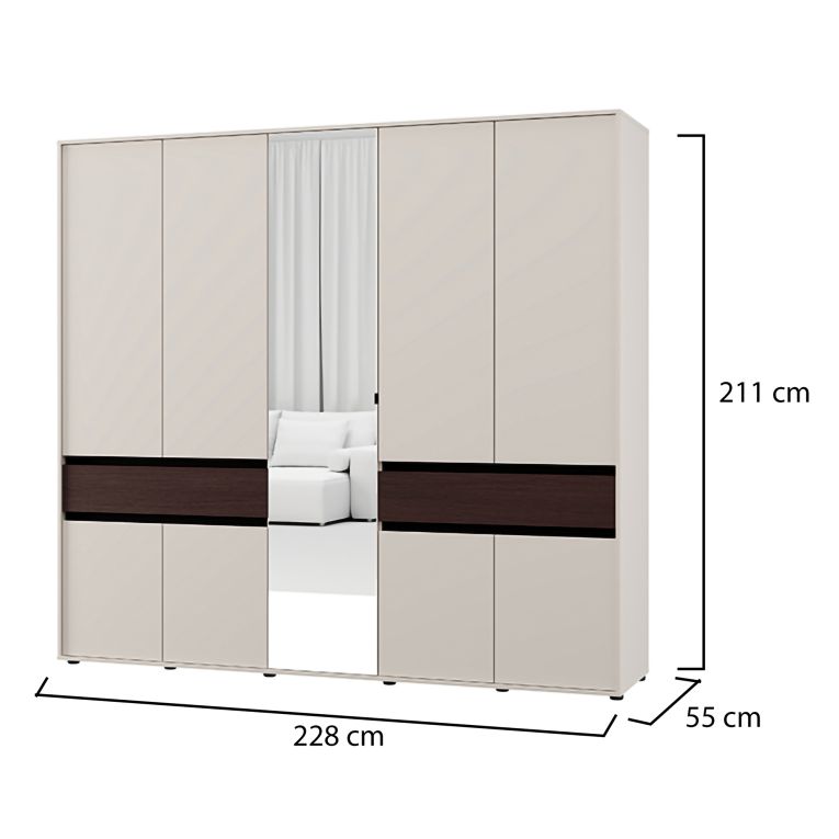 Guardaroba Grande Bianco Crema Marrone Noce 2 Cassetti 7 Ripiani 228x211h cm, Appendiabiti - Ubud