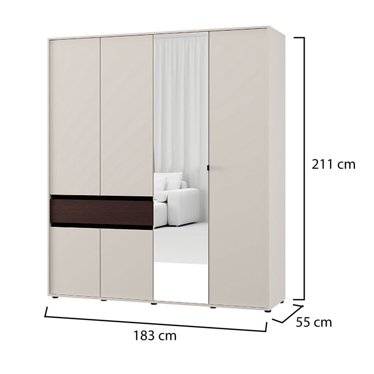Guardaroba Grande Bianco Crema Marrone Noce un Cassetto 5 Ripiani 183x211h cm, Appendiabiti - Pai