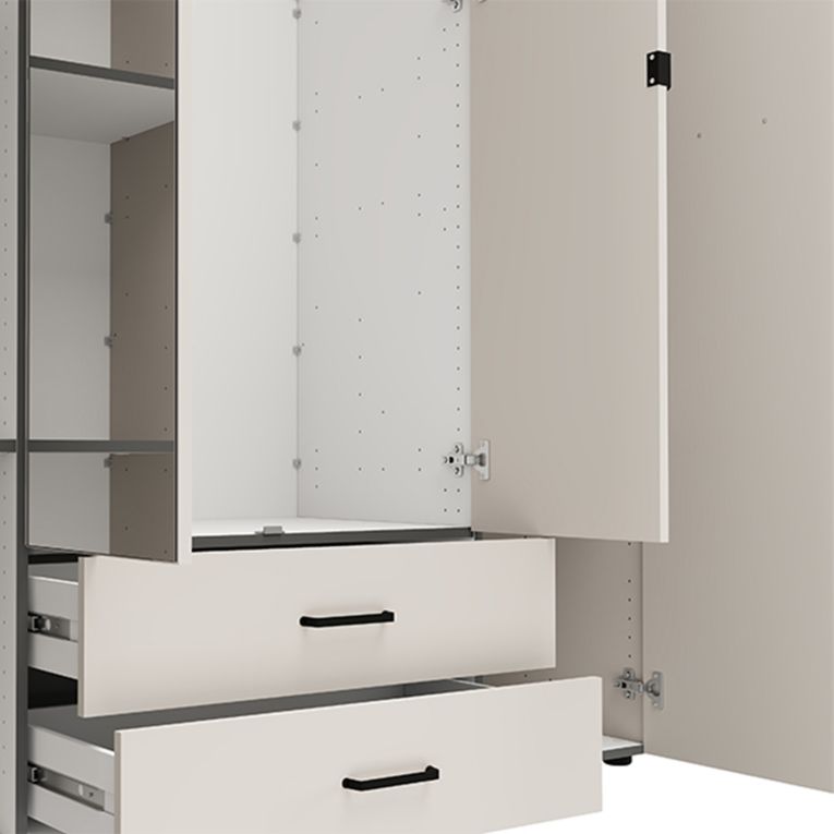 Guardaroba Grande Bianco Crema Marrone Rovere 2 Cassetti 8 Ripiani 157x208h cm, Appendiabiti - Pokhar