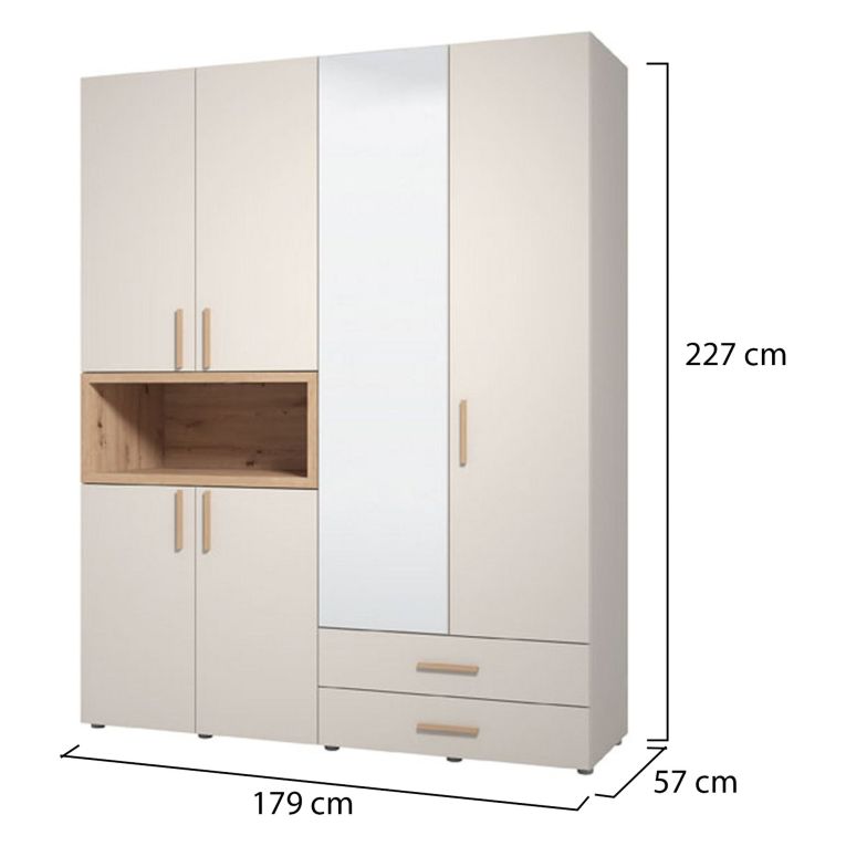 Guardaroba Grande Bianco Crema Marrone Rovere Nodi 2 Cassetti 4 Ripiani 179x226.5h cm, Appendiabiti - Merlino