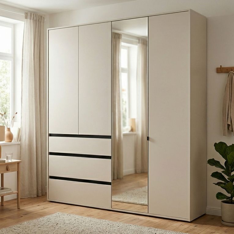 Guardaroba Grande Bianco Crema Nero 4 Ripiani 3 Cassetti 183x211h cm, Appendiabiti - Rifreddoo
