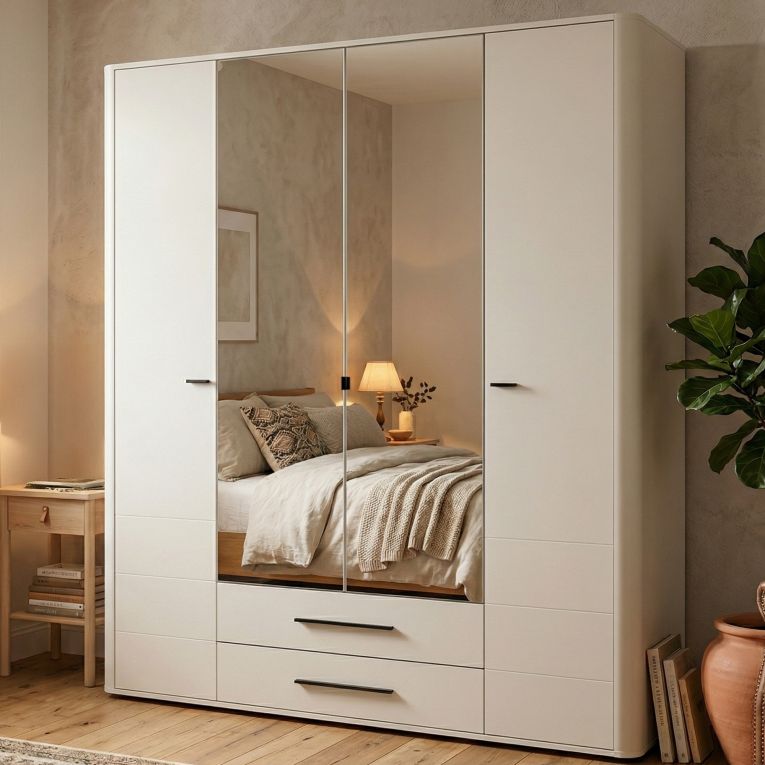 Guardaroba Grande Bianco Crema Nero 9 Ripiani 2 Cassetti 179.5x210.5h cm, Appendiabiti - Taburno