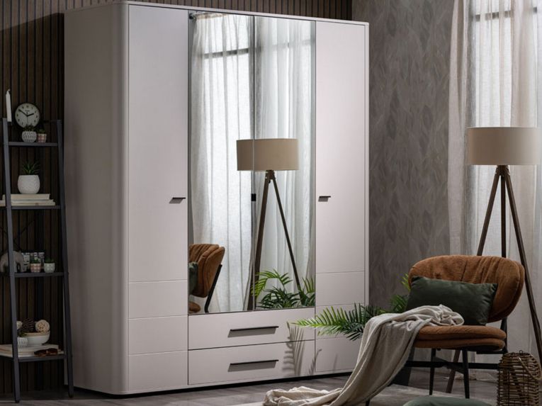 Guardaroba Grande Bianco Crema Nero 9 Ripiani 2 Cassetti 179.5x210.5h cm, Appendiabiti - Taburno