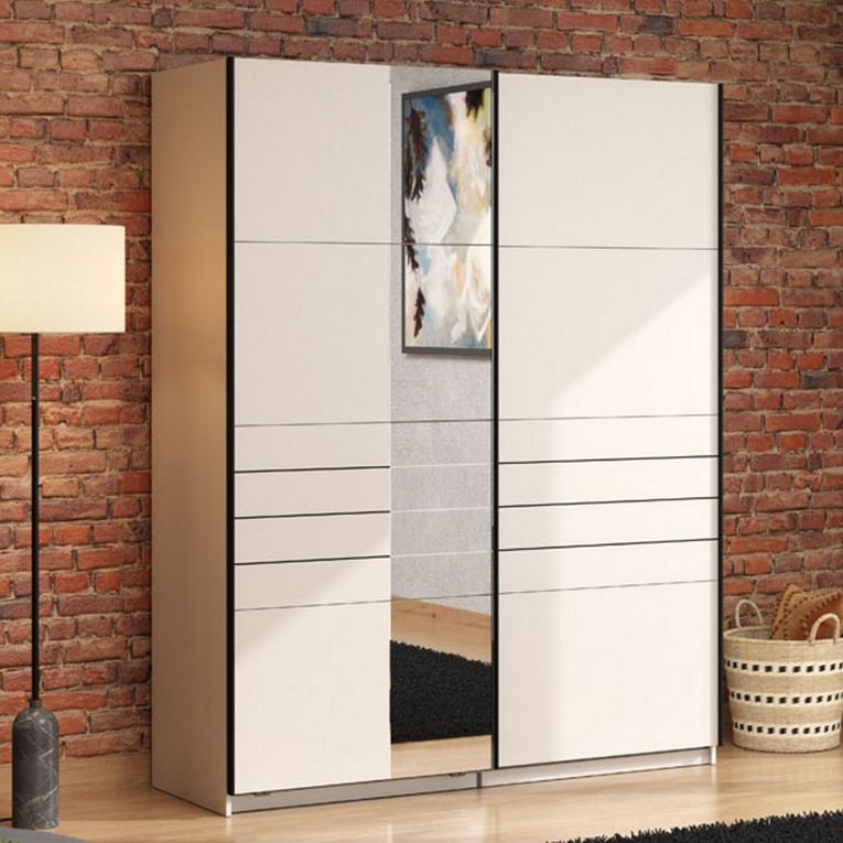 Guardaroba Grande Bianco Crema Nero Appendiabiti 2 Ripiani 145.5x217.5h cm, Apertura Scorrevole - Vialone