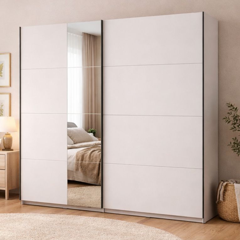 Guardaroba Grande Bianco Crema Nero Appendiabiti 2 Ripiani 195x217.5h cm, Apertura Scorrevole - Porlezza