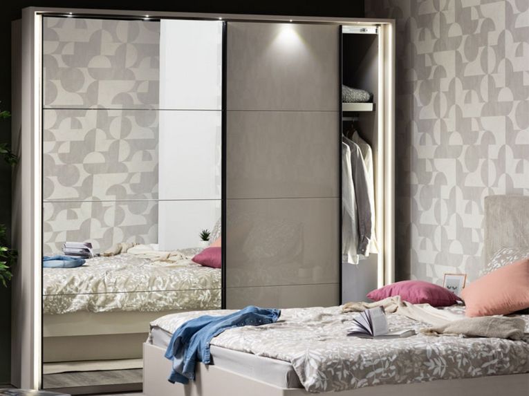 Guardaroba Grande Bianco Crema Nero Appendiabiti 2 Ripiani 220x217.5h cm, Apertura Scorrevole - Laghi
