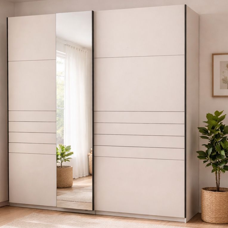Guardaroba Grande Bianco Crema Nero Appendiabiti 2 Ripiani 220x217.5h cm, Apertura Scorrevole - Spartano