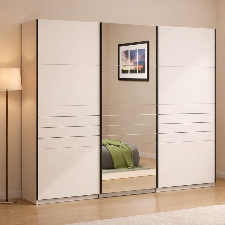 Guardaroba Grande Bianco Crema Nero Appendiabiti 3 Ripiani 267x217h cm, Apertura Scorrevole - Tures