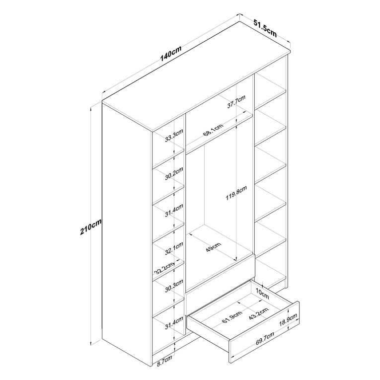 Guardaroba Grande Bianco Marrone 2 Cassetti 11 Ripiani 210x210h cm, Appendiabiti - Verdello