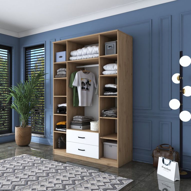 Guardaroba Grande Bianco Marrone 2 Cassetti 11 Ripiani 210x210h cm, Appendiabiti - Verdello
