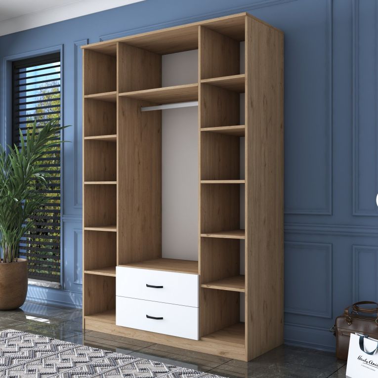 Guardaroba Grande Bianco Marrone 2 Cassetti 11 Ripiani 210x210h cm, Appendiabiti - Verdello