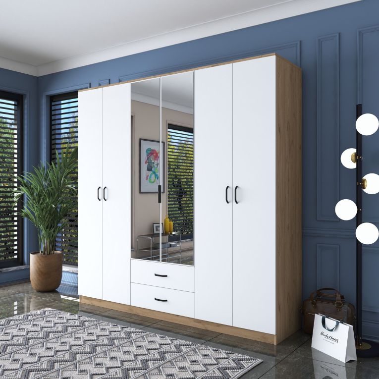 Guardaroba Grande Bianco Marrone 2 Cassetti 5 Ripiani 210x210h cm, Appendiabiti - Neirone