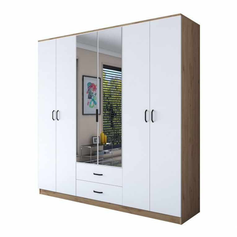 Guardaroba Grande Bianco Marrone 2 Cassetti 5 Ripiani 210x210h cm, Appendiabiti - Neirone