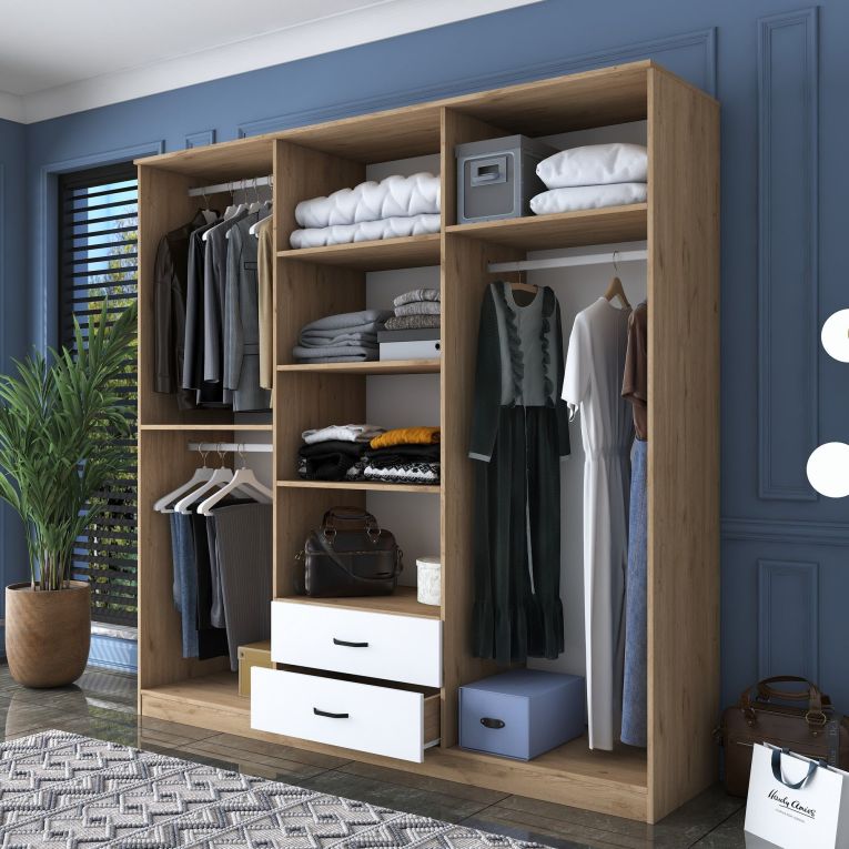 Guardaroba Grande Bianco Marrone 2 Cassetti 5 Ripiani 210x210h cm, Appendiabiti - Neirone