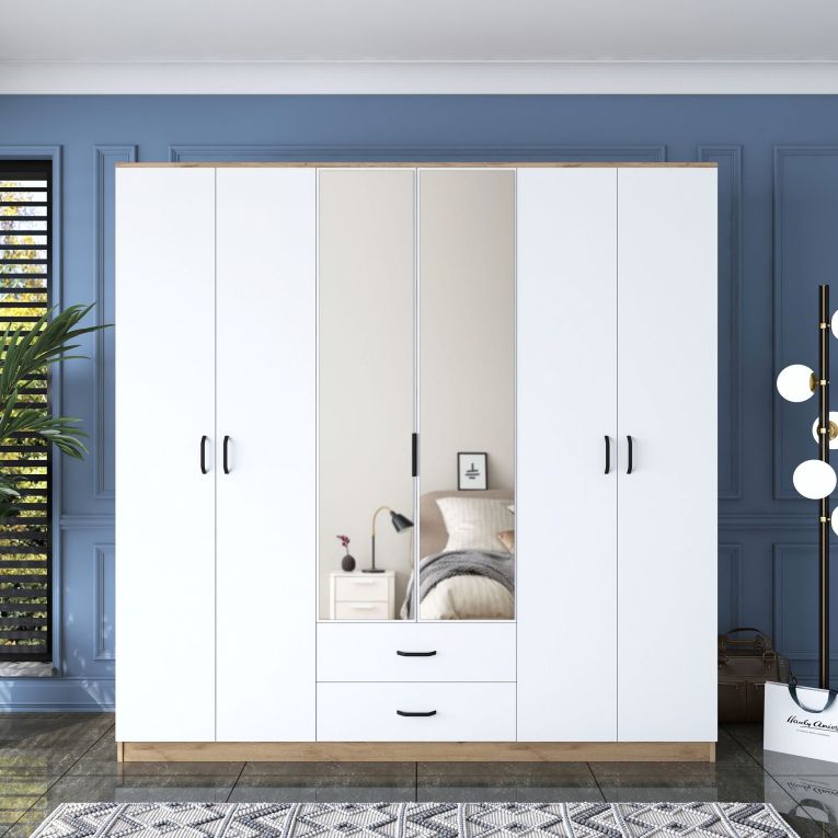 Guardaroba Grande Bianco Marrone 2 Cassetti 5 Ripiani 210x210h cm, Appendiabiti - Neirone