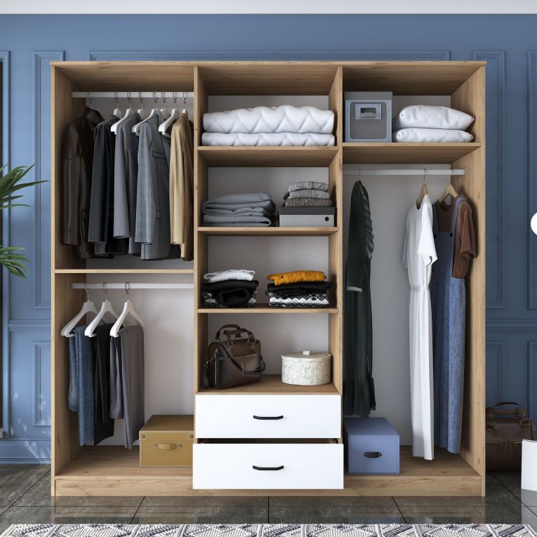 Guardaroba Grande Bianco Marrone 2 Cassetti 5 Ripiani 210x210h cm, Appendiabiti - Neirone