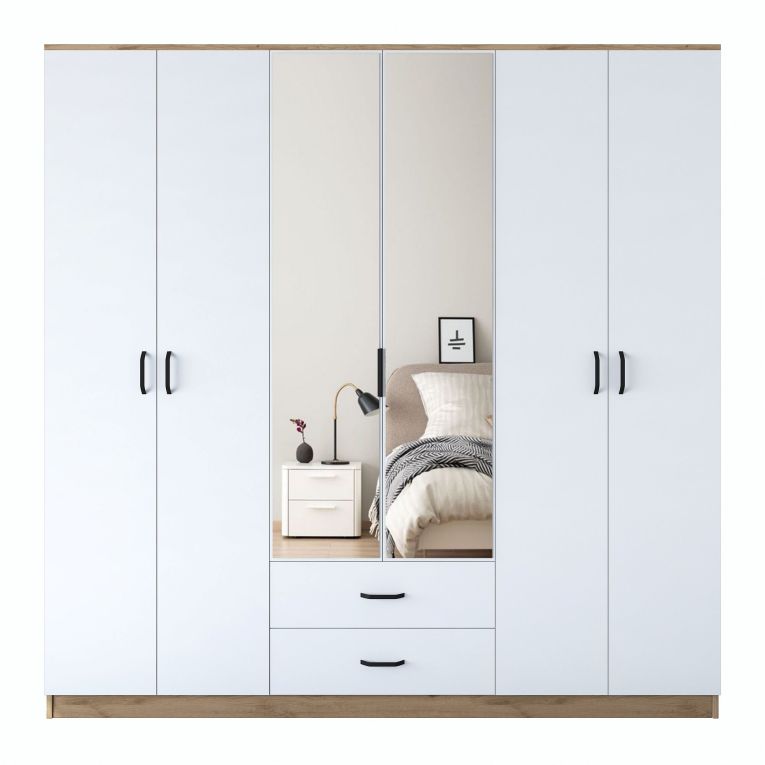 Guardaroba Grande Bianco Marrone 2 Cassetti 5 Ripiani 210x210h cm, Appendiabiti - Neirone