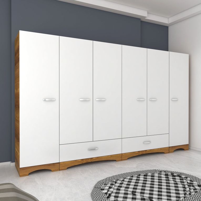 Guardaroba Grande Bianco Marrone Noce 10 Ripiani 2 Cassetti 243x181h cm, Appendiabiti - Madruzzo