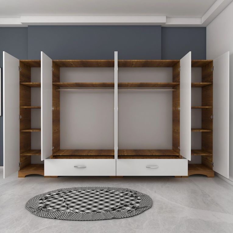 Guardaroba Grande Bianco Marrone Noce 10 Ripiani 2 Cassetti 243x181h cm, Appendiabiti - Madruzzo