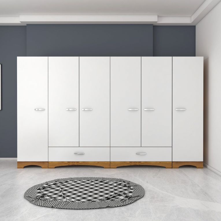Guardaroba Grande Bianco Marrone Noce 10 Ripiani 2 Cassetti 243x181h cm, Appendiabiti - Madruzzo