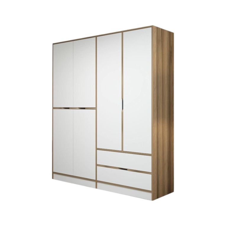Guardaroba Grande Bianco Marrone Noce 5 Ripiani Appendiabiti 185x208h cm, 2 Cassetti - Odalys