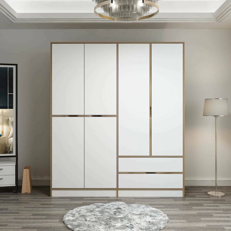 Guardaroba Grande Bianco Marrone Noce 5 Ripiani Appendiabiti 185x208h cm, 2 Cassetti - Odalys