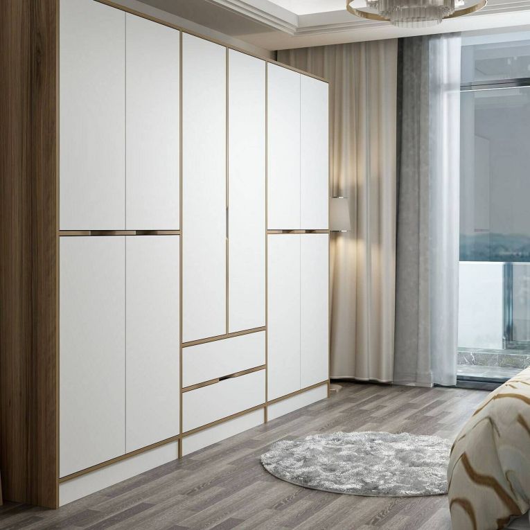 Guardaroba Grande Bianco Marrone Noce 5 Ripiani Appendiabiti 277x208h cm, 2 Cassetti - Gaspard