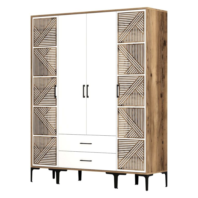 Guardaroba Grande Bianco Marrone Noce 6 Ripiani 2 Cassetti 160x201h cm, Appendiabiti - Gavello