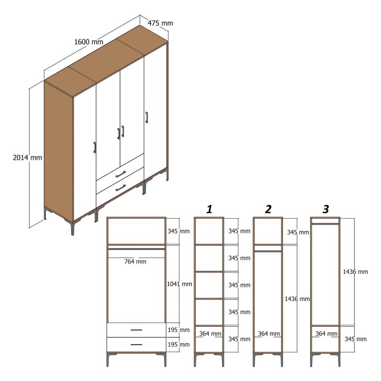 Guardaroba Grande Bianco Marrone Noce 6 Ripiani 2 Cassetti 160x201h cm, Appendiabiti - Gavello