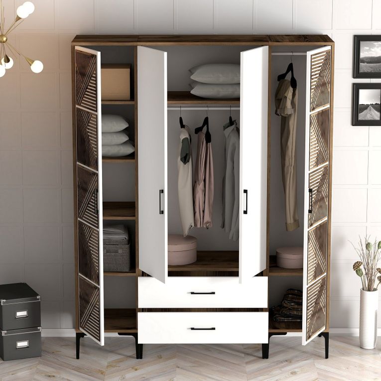 Guardaroba Grande Bianco Marrone Noce 6 Ripiani 2 Cassetti 160x201h cm, Appendiabiti - Gavello