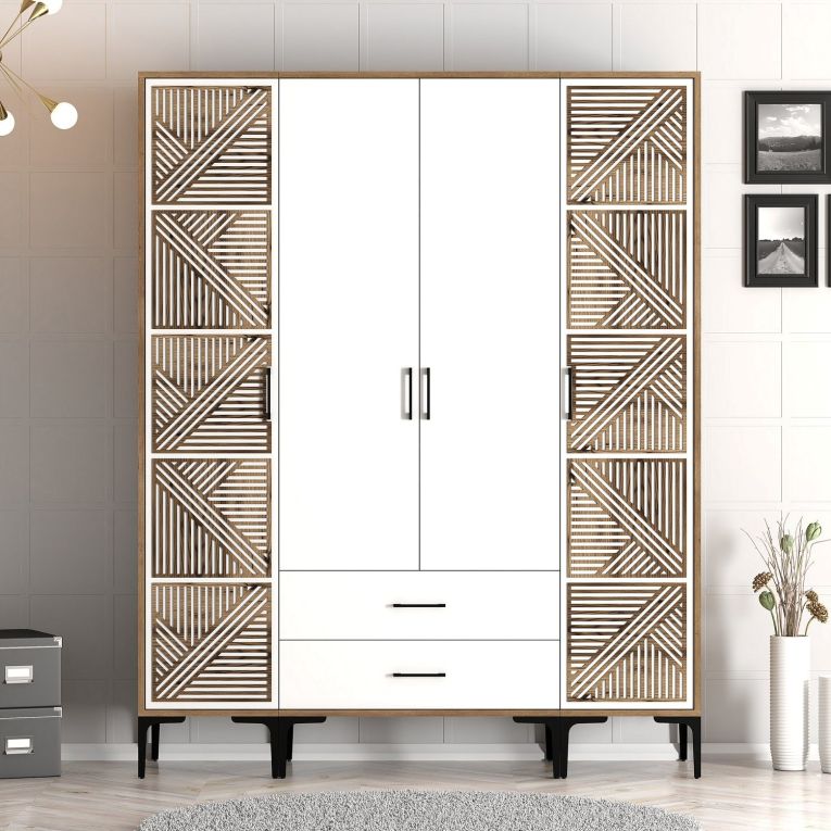 Guardaroba Grande Bianco Marrone Noce 6 Ripiani 2 Cassetti 160x201h cm, Appendiabiti - Gavello