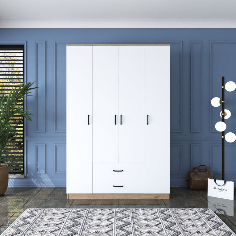 Guardaroba Grande Bianco Marrone Rovere 11 Ripiani 2 Cassetti 140x210h cm, Appendiabiti - Lavello