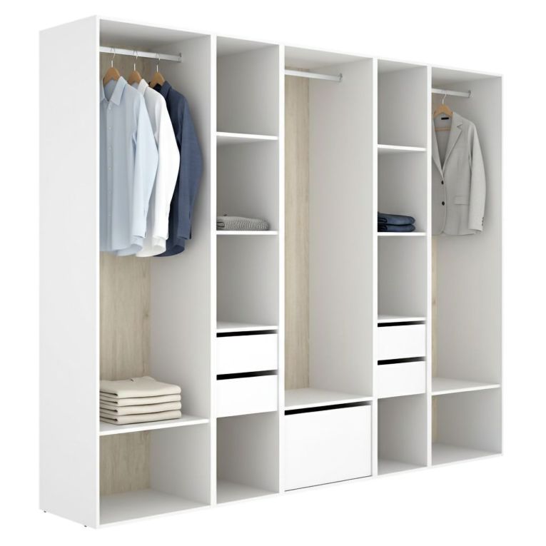 Guardaroba Grande Bianco Marrone Rovere 11 Ripiani Appendiabiti 45x205h cm, 4 Cassetti - Tequesta