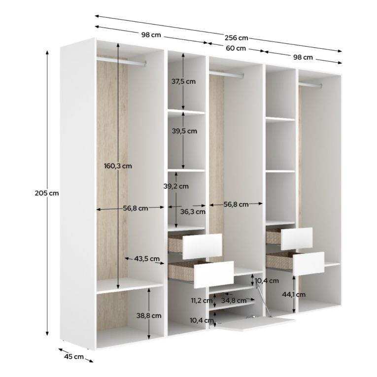 Guardaroba Grande Bianco Marrone Rovere 11 Ripiani Appendiabiti 45x205h cm, 4 Cassetti - Tequesta