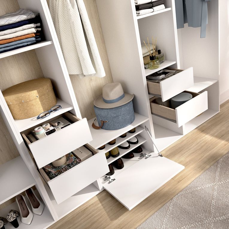Guardaroba Grande Bianco Marrone Rovere 11 Ripiani Appendiabiti 45x205h cm, 4 Cassetti - Tequesta