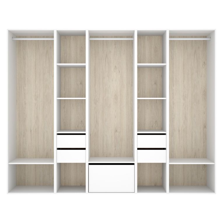 Guardaroba Grande Bianco Marrone Rovere 11 Ripiani Appendiabiti 45x205h cm, 4 Cassetti - Tequesta