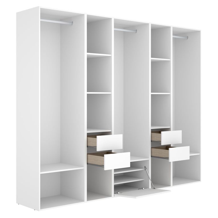 Guardaroba Grande Bianco Marrone Rovere 11 Ripiani Appendiabiti 45x205h cm, 4 Cassetti - Tequesta