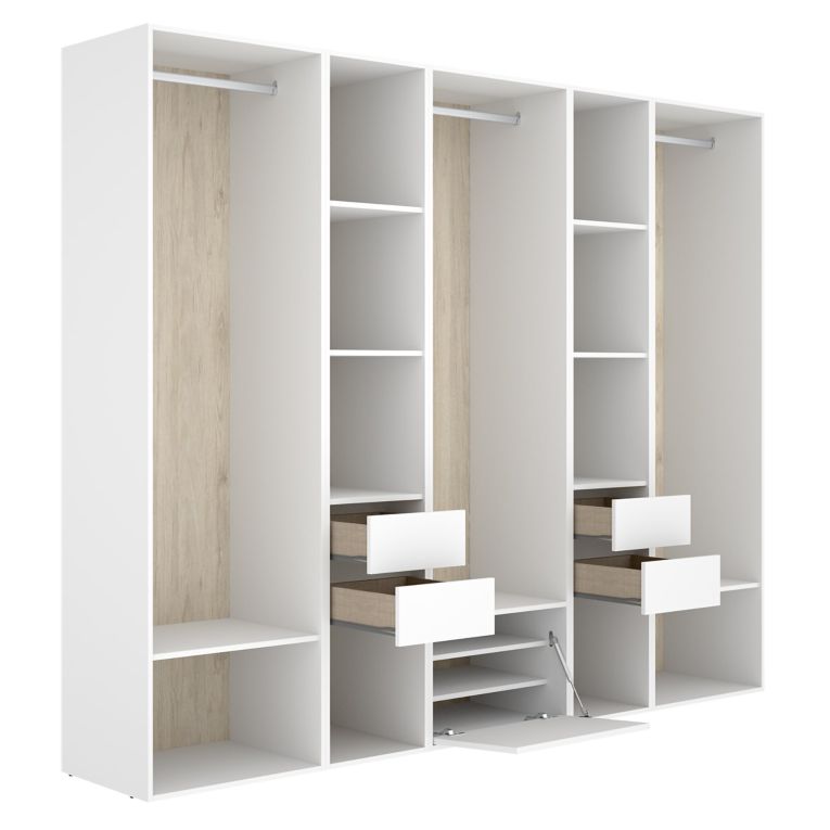 Guardaroba Grande Bianco Marrone Rovere 11 Ripiani Appendiabiti 45x205h cm, 4 Cassetti - Tequesta
