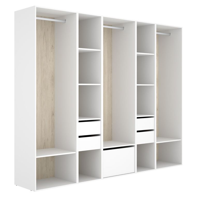 Guardaroba Grande Bianco Marrone Rovere 11 Ripiani Appendiabiti 45x205h cm, 4 Cassetti - Tequesta