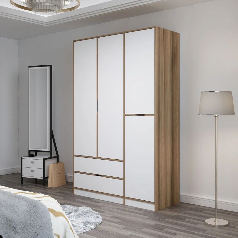 Guardaroba Grande Bianco Marrone Rovere 2 Cassetti Appendiabiti 140x208h cm, 3 Ripiani - Serle