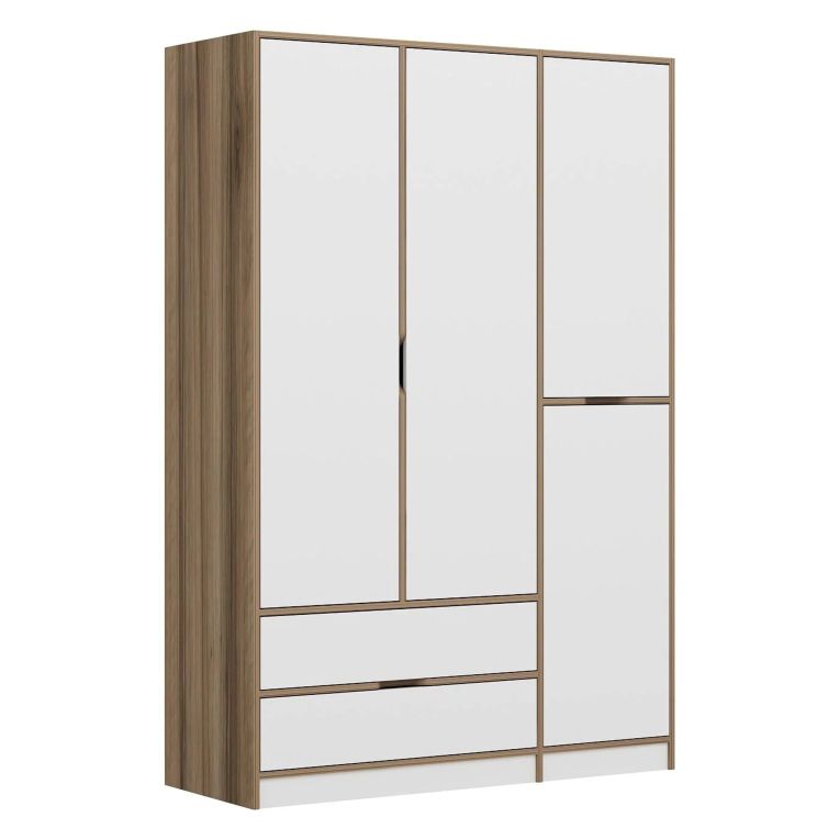 Guardaroba Grande Bianco Marrone Rovere 2 Cassetti Appendiabiti 140x208h cm, 3 Ripiani - Serle