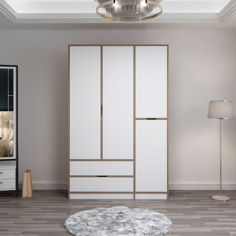 Guardaroba Grande Bianco Marrone Rovere 2 Cassetti Appendiabiti 140x208h cm, 3 Ripiani - Serle