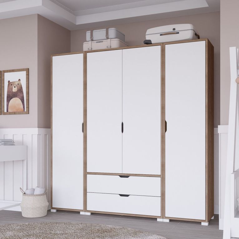 Guardaroba Grande Bianco Marrone Rovere 2 Cassetti Appendiabiti 170x183h cm, 9 Ripiani - Summonte