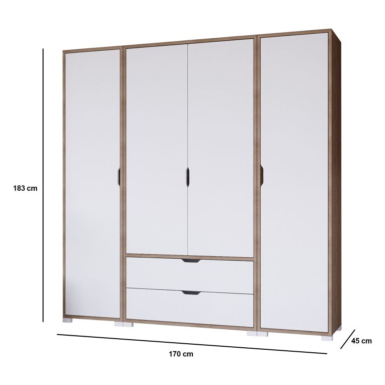 Guardaroba Grande Bianco Marrone Rovere 2 Cassetti Appendiabiti 170x183h cm, 9 Ripiani - Summonte